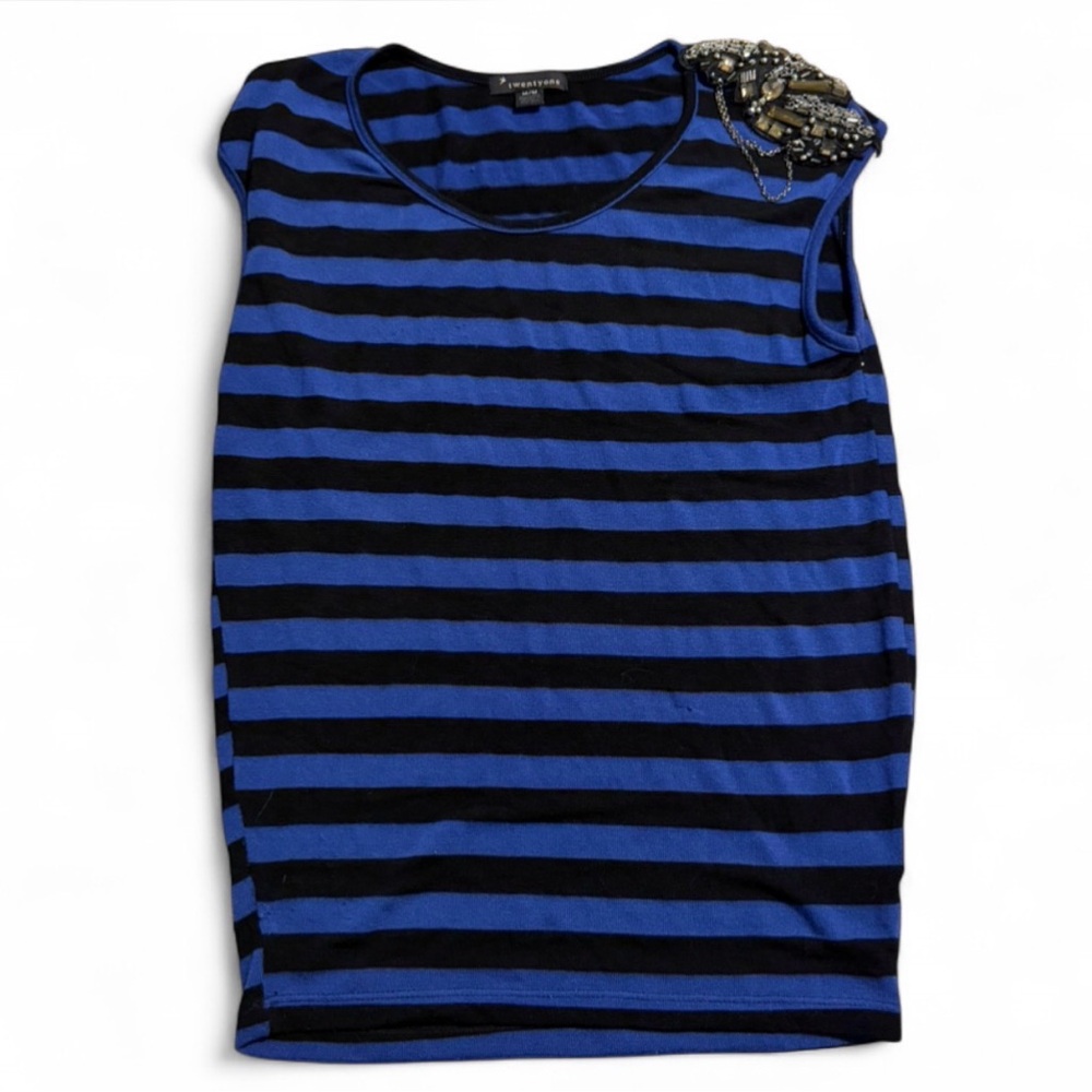 Blue and Black Striped Tank Top with Embellished Shoulder